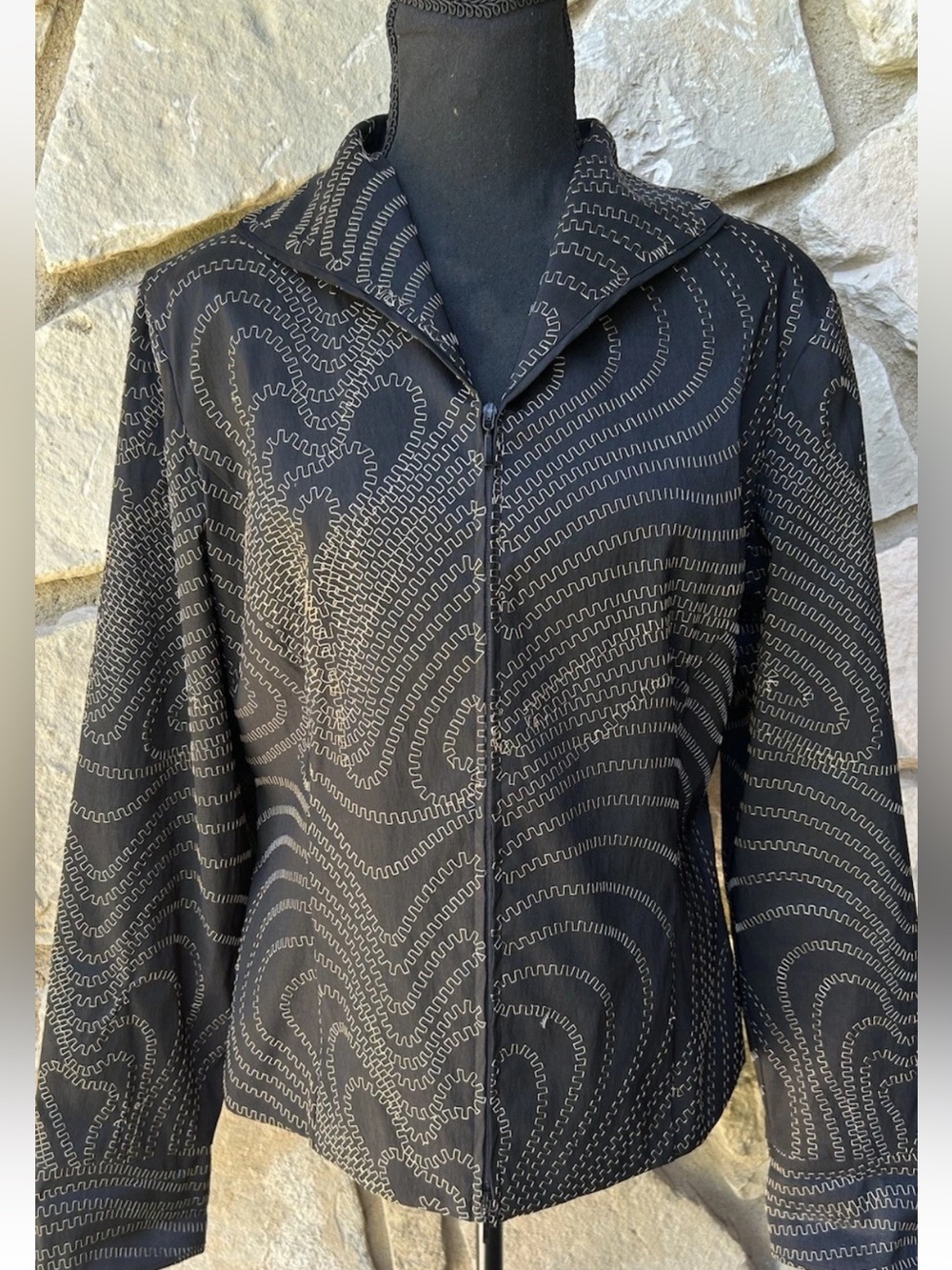 Samuel Dong Jacket Large Black Gold Metallic Embroidered Design Zip Lined EC